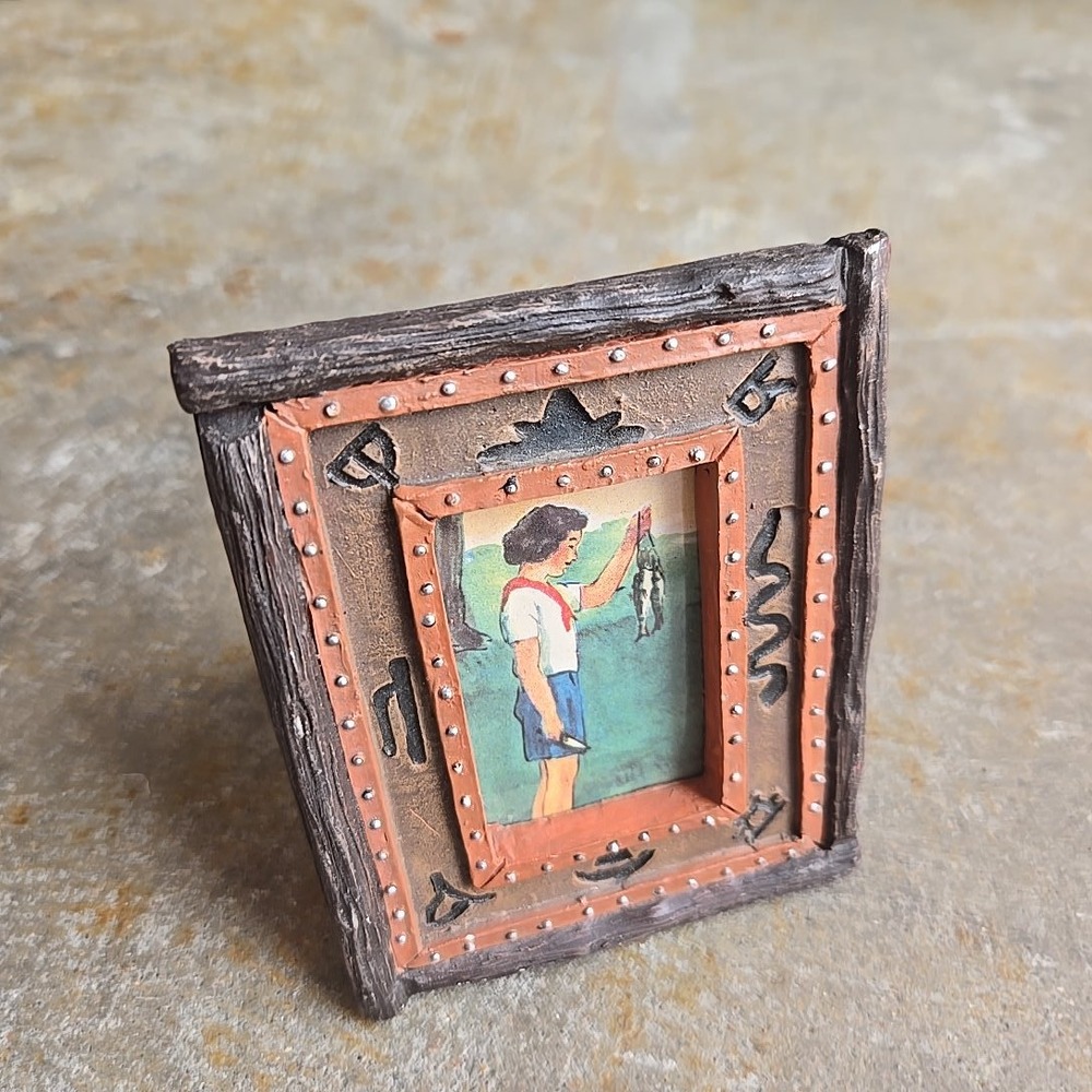 Mini Western Boy Catching Fish Painted Frame Rustic Southwest Tabletop Art 3.5x4